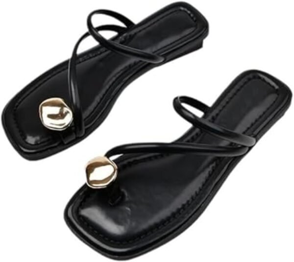 Leather Strappy Flat Metal Toe Ring Sandals Fashionable Square Open Toe Low Block Heel Slip-On Clip Toe Slide Sandals Casual Summer Beach Slipper