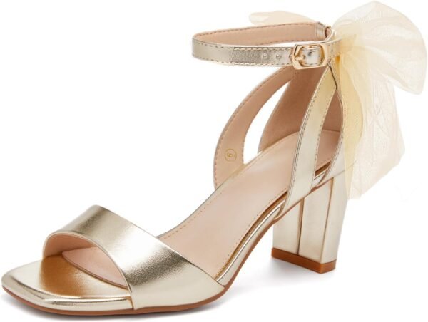 bow high-heeled sandals, chunky heel single strap satin ankle strap buckle dress/wedding shoes
