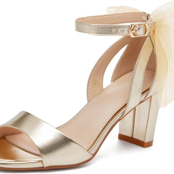 bow high-heeled sandals, chunky heel single strap satin ankle strap buckle dress/wedding shoes