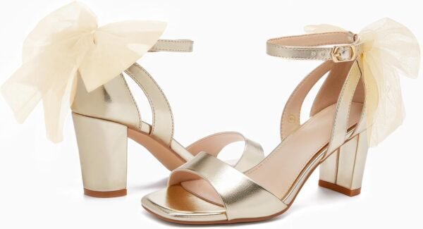 bow high-heeled sandals, chunky heel single strap satin ankle strap buckle dress/wedding shoes