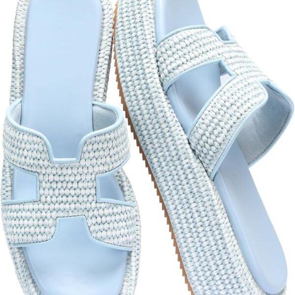 Raffia Platform Sandals for Slip-On Espadrille Wedges Slides, Flatform Woven Straw Summer Vacation Beach Shoes