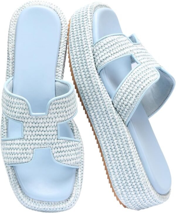 Raffia Platform Sandals for Slip-On Espadrille Wedges Slides, Flatform Woven Straw Summer Vacation Beach Shoes