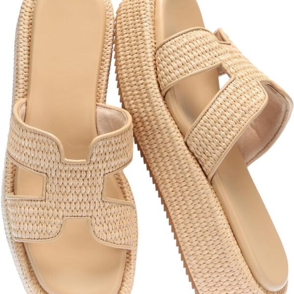 Raffia Platform Sandals for Slip-On Espadrille Wedges Slides, Flatform Woven Straw Summer Vacation Beach Shoes