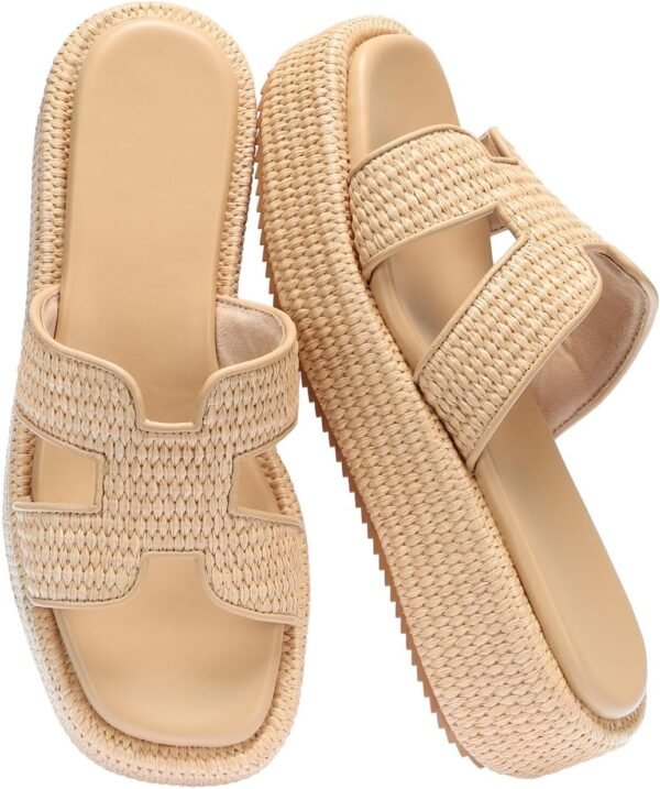 Raffia Platform Sandals for Slip-On Espadrille Wedges Slides, Flatform Woven Straw Summer Vacation Beach Shoes