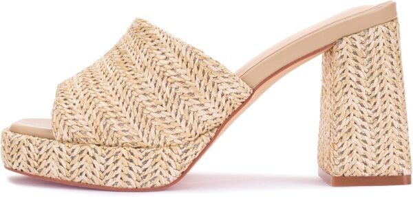raffia high-heeled sandals, platform wedge heel, slip-on chunky heel, elegant summer open-toe chunky heel resort beach mules