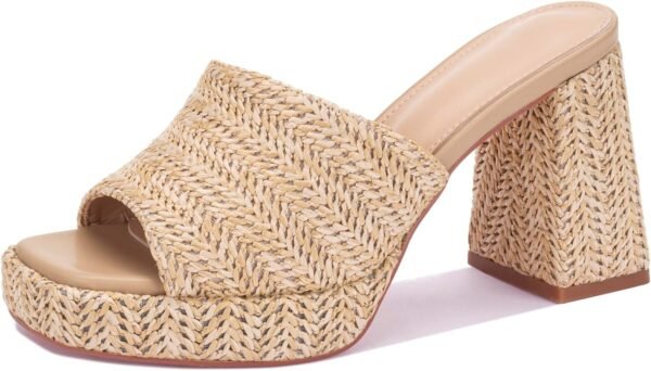 raffia high-heeled sandals, platform wedge heel, slip-on chunky heel, elegant summer open-toe chunky heel resort beach mules