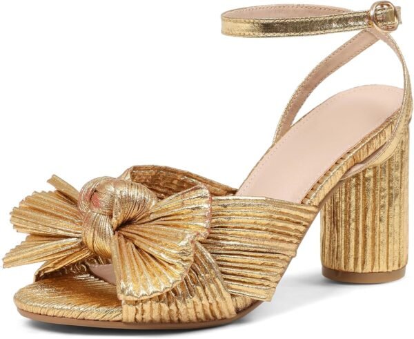 Bow High Heel Sandals, Open-Toe High Heels, Chunky Heels, Ankle Strap Buckle, Ruffled Wedding/Party Dress Shoes